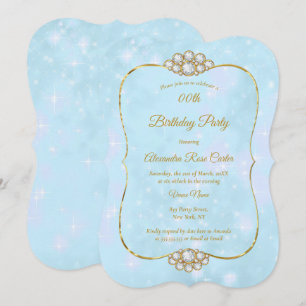 Invitación Fiesta de Cumpleaños Diamante Azul Dorado Bonito