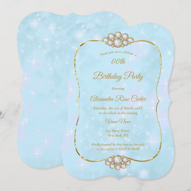 Invitación Fiesta de Cumpleaños Diamante Azul Dorado Bonito (Anverso / Reverso)
