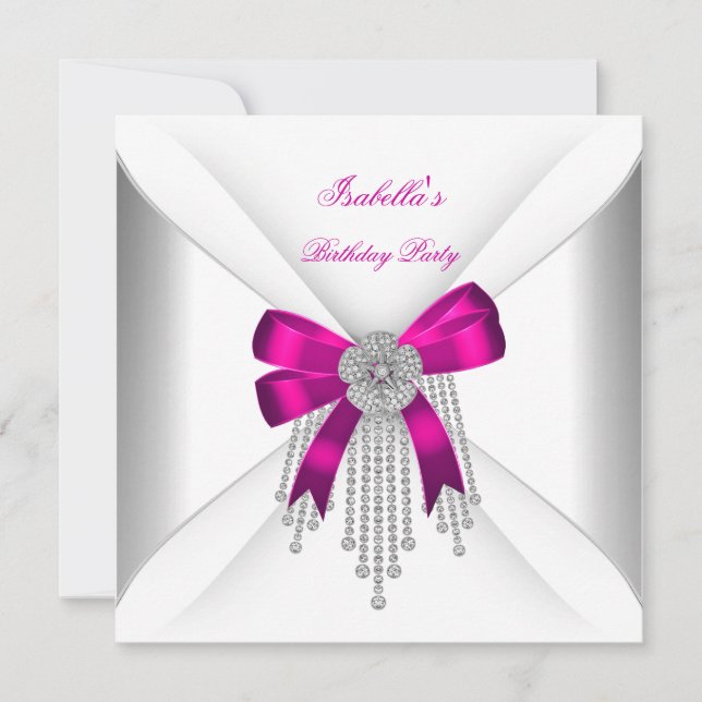 Invitación Fiesta de cumpleaños Diamante Blanco Blanco y Rosa (Anverso)
