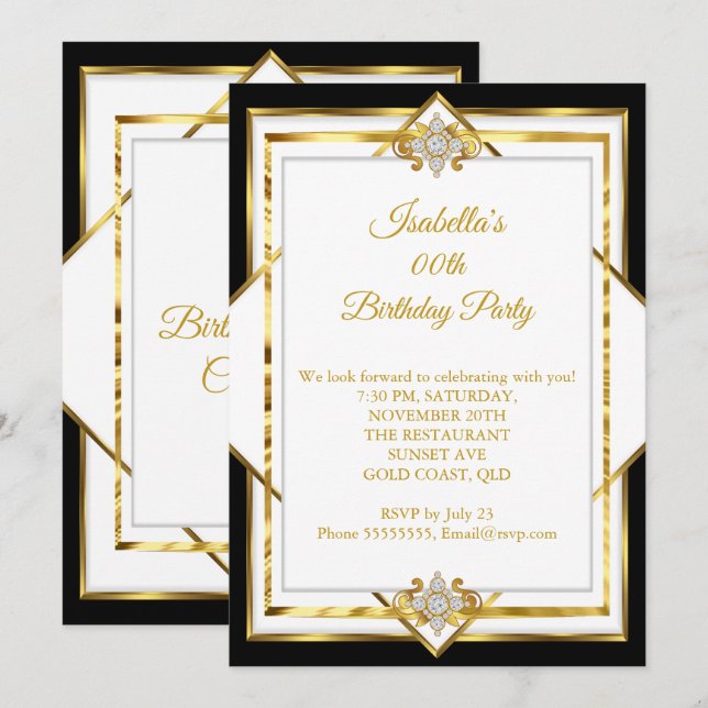 Invitación Fiesta de Cumpleaños Diamante Blanco Dorado (Anverso / Reverso)