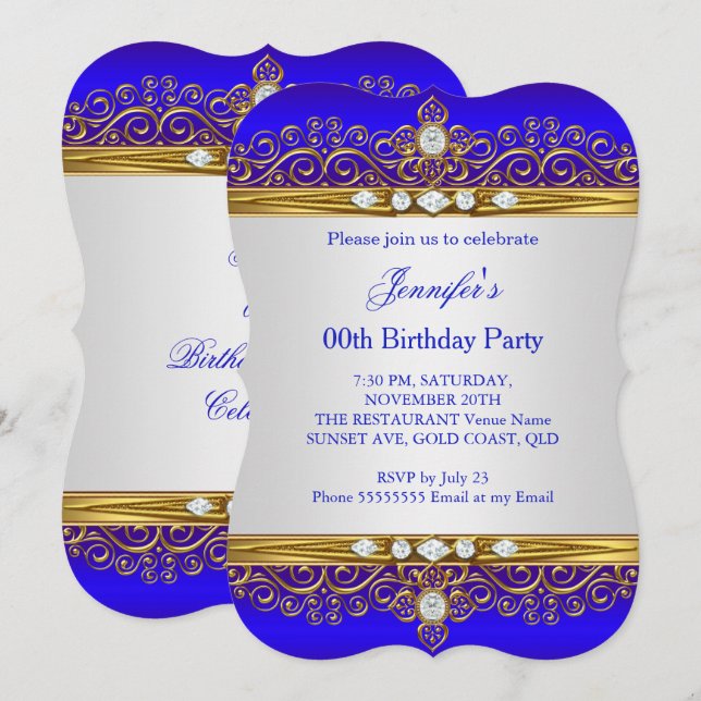 Invitación Fiesta de Cumpleaños Diamante Blanco Dorado Azul R (Anverso / Reverso)
