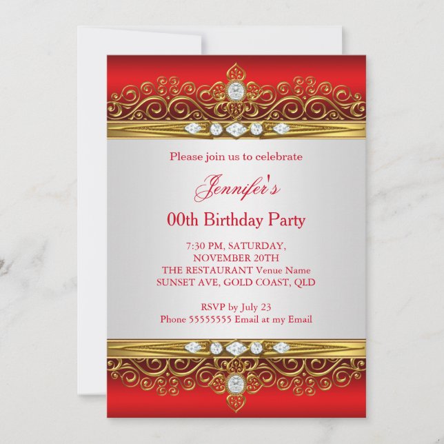 Invitación Fiesta de Cumpleaños Diamante Blanco Dorado Rojo R (Anverso)