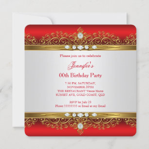 Invitación Fiesta de Cumpleaños Diamante Blanco Dorado Rojo R
