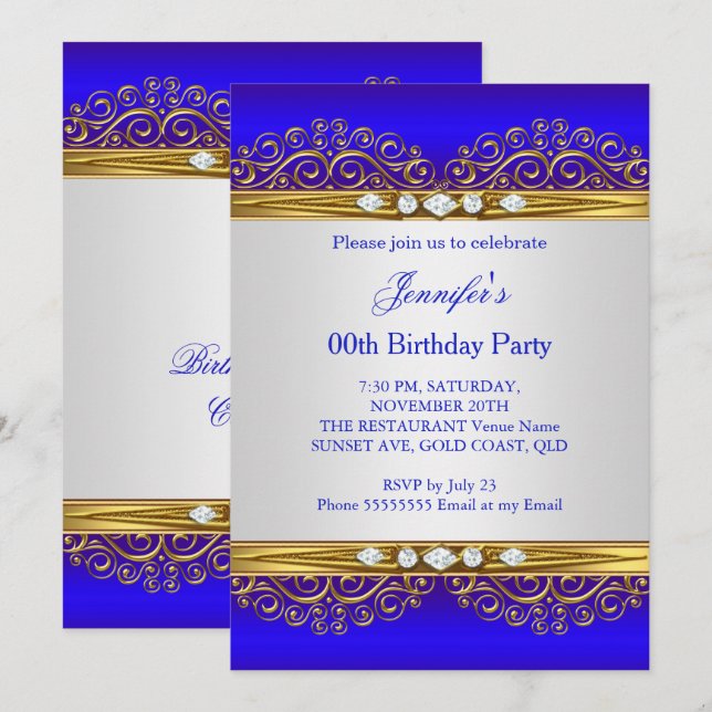 Invitación Fiesta de Cumpleaños Diamante Blanco Oro Azul Real (Anverso / Reverso)