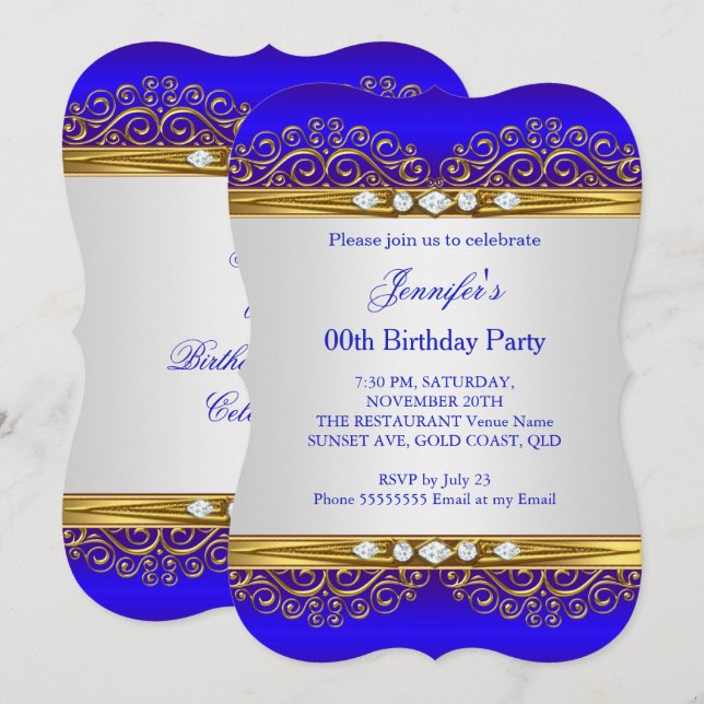 Invitación Fiesta de Cumpleaños Diamante Blanco Oro Azul Real (Anverso / Reverso)