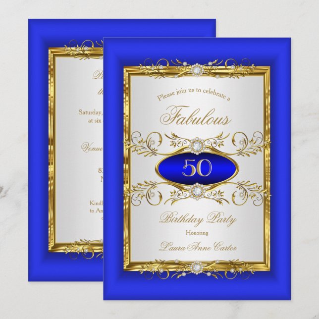 Invitación Fiesta de Cumpleaños Diamante Blanco Oro Azul Real (Anverso / Reverso)