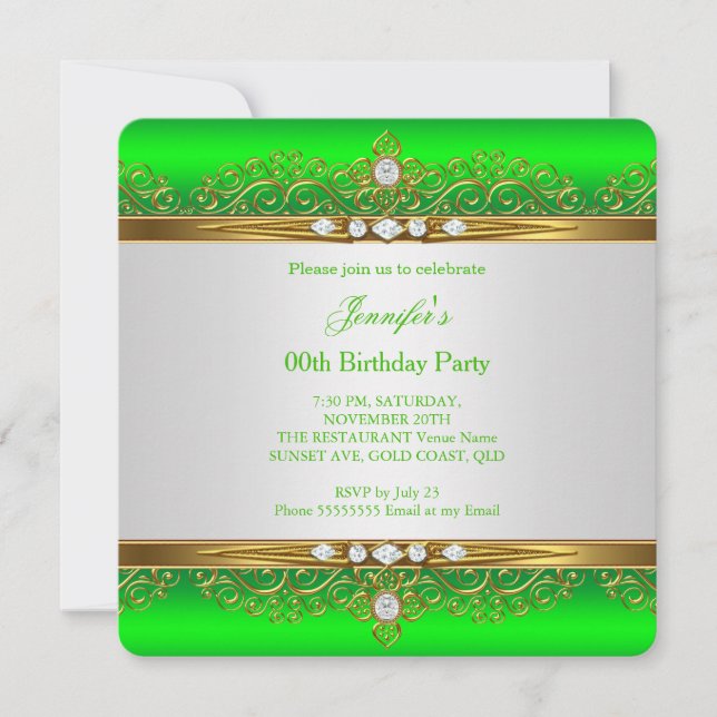 Invitación Fiesta de Cumpleaños Diamante Blanco Oro Verde Lim (Anverso)