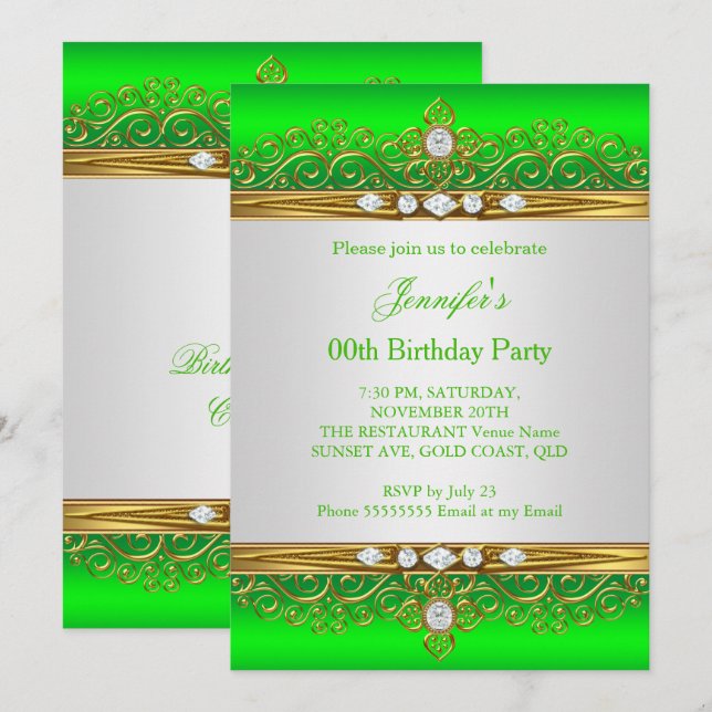 Invitación Fiesta de Cumpleaños Diamante Blanco Oro Verde Lim (Anverso / Reverso)
