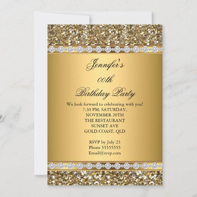 Invitación Fiesta de Cumpleaños Diamante Brillo Dorado 2 (Anverso)