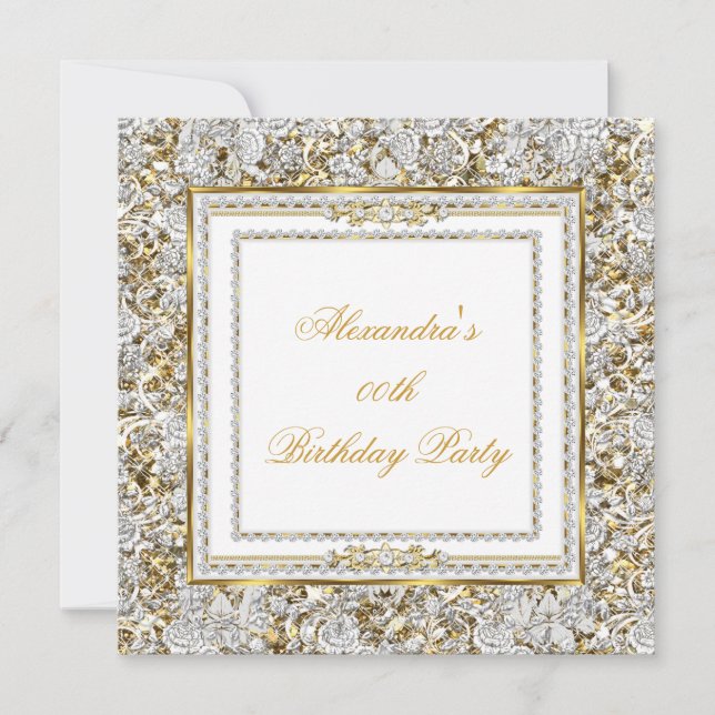 Invitación Fiesta de Cumpleaños Diamante Damasco Blanco Dorad (Anverso)
