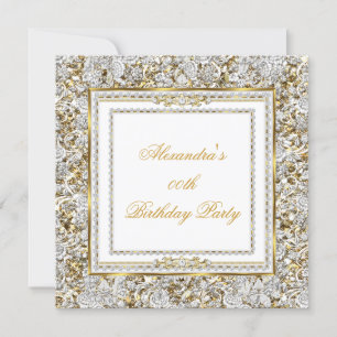 Invitación Fiesta de Cumpleaños Diamante Damasco Blanco Dorad