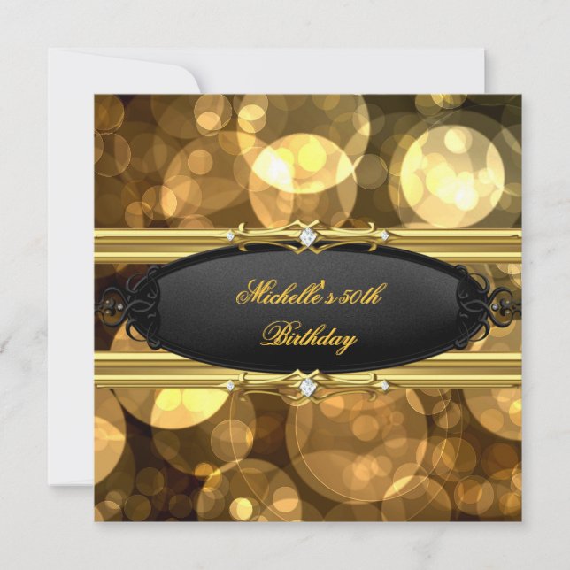 Invitación Fiesta de Cumpleaños Diamante Negro Dorado (Anverso)