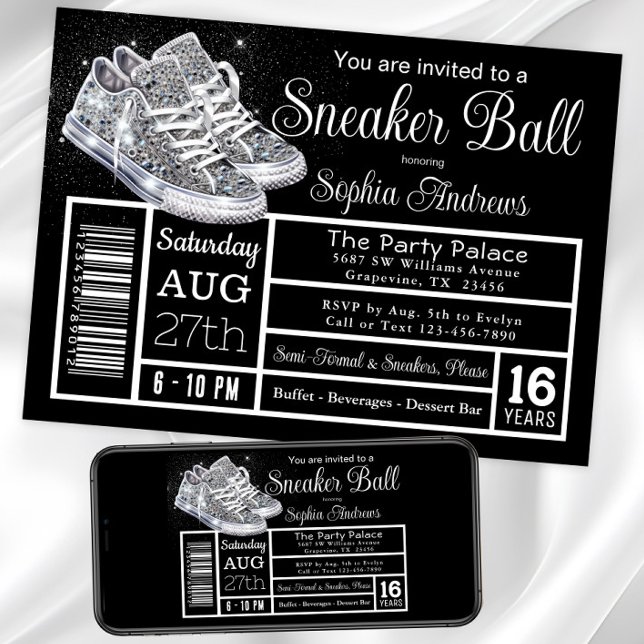 Invitación Fiesta de cumpleaños Diamond Sneaker Ball (Diamond sneakers sneaker ball invitation. Instant download and printed invitations available.)