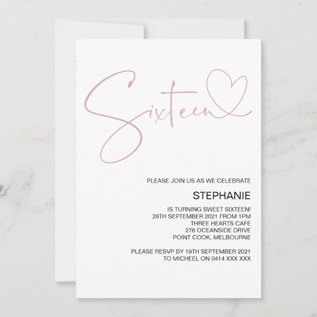 Invitación Fiesta de cumpleaños dieciséis (Anverso)