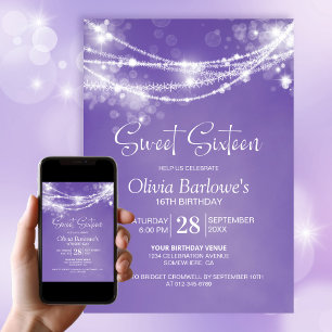 Invitación Fiesta de cumpleaños dieciséis días de luz morada