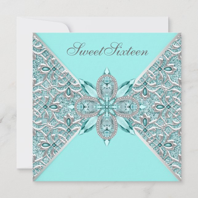 Invitación Fiesta de Cumpleaños Dieciséis Dulce Azul Turquesa (Anverso)