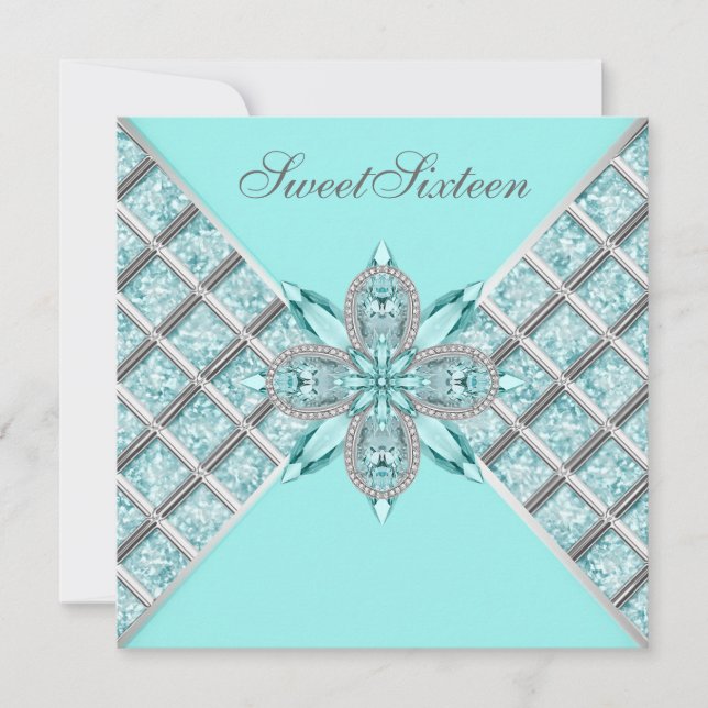 Invitación Fiesta de Cumpleaños Dieciséis Dulce Azul Turquesa (Anverso)
