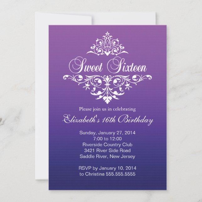 Invitación Fiesta de cumpleaños dieciséis en morado moderno (Anverso)