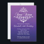 Invitación Fiesta de cumpleaños dieciséis en morado moderno<br><div class="desc">Comience a sus hijas dieciséis fiestas dulces con nuestra hermosa Ombre y deliciosa y dulce invitación dieciséis fiestas. Nuestra elegante y contemporánea y dulce invitación a 16 fiestas cuenta con un marcado acento blanco de hoja de damasco en un moderno fondo púrpura. Invierta la invitación para encontrar una respuesta para...</div>