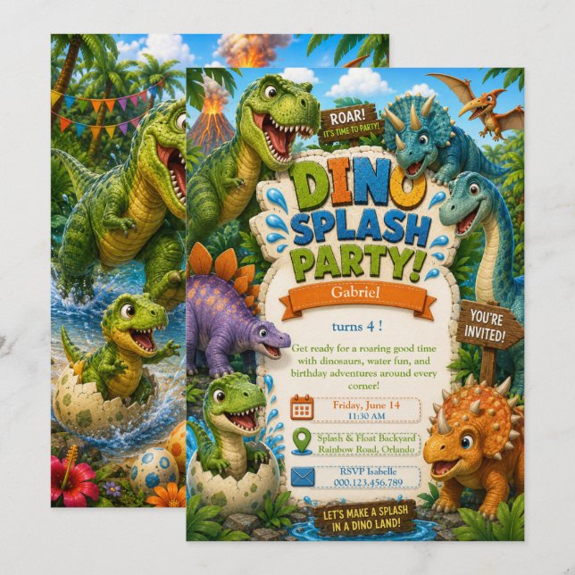 Invitación Fiesta de cumpleaños Dino Splash Party - Fiesta de (Anverso / Reverso)