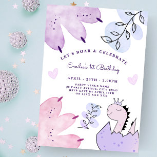 Invitación Fiesta de cumpleaños Dinosaur Pink Purple