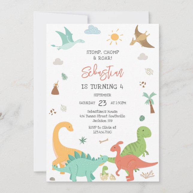 Invitación Fiesta de cumpleaños Dinosaur Stomp Chomp Roar  (Anverso)