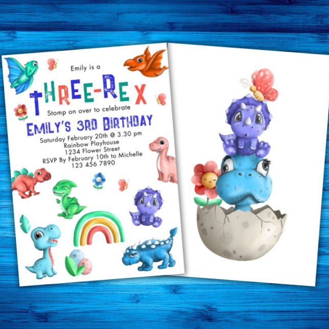 Invitación Fiesta de Cumpleaños Dinosaurio de Tres-Rex Chicas (Subido por el creador)