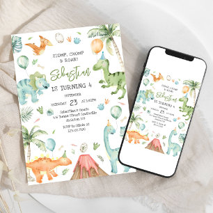 Invitación Fiesta de cumpleaños Dinosaurio Pisoteo Mordisco R