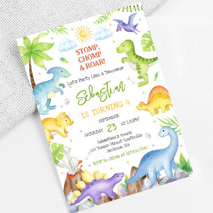 Invitación Fiesta de cumpleaños Dinosaurio Pisotón Mordisco R