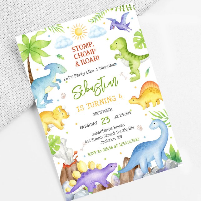 Invitación Fiesta de cumpleaños Dinosaurio Pisotón Mordisco R (Subido por el creador)
