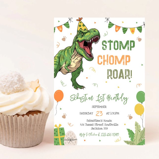 Invitación Fiesta de cumpleaños Dinosaurio Pisotón Mordisco R (Subido por el creador)