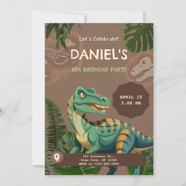 Invitación Fiesta de Cumpleaños Dinosaurio T-Rex (Anverso)