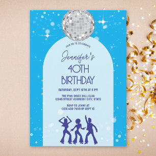Invitación Fiesta de cumpleaños Disco Azul Retro 70s 80s