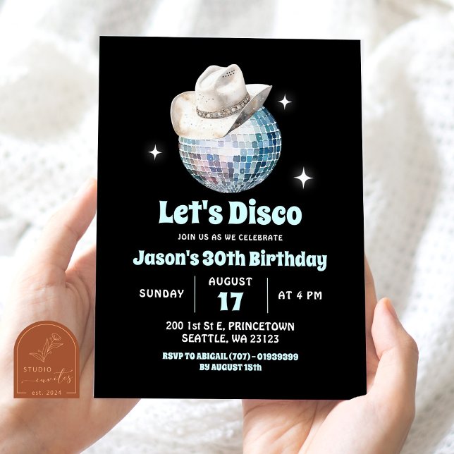 Invitación Fiesta de cumpleaños disco setenta en blanco y neg (Subido por el creador)