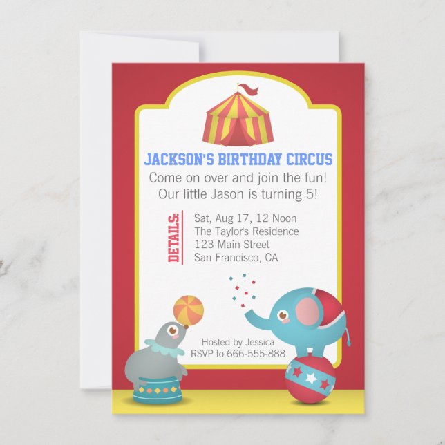 Invitación Fiesta de cumpleaños divertida con tema de circo c (Anverso)