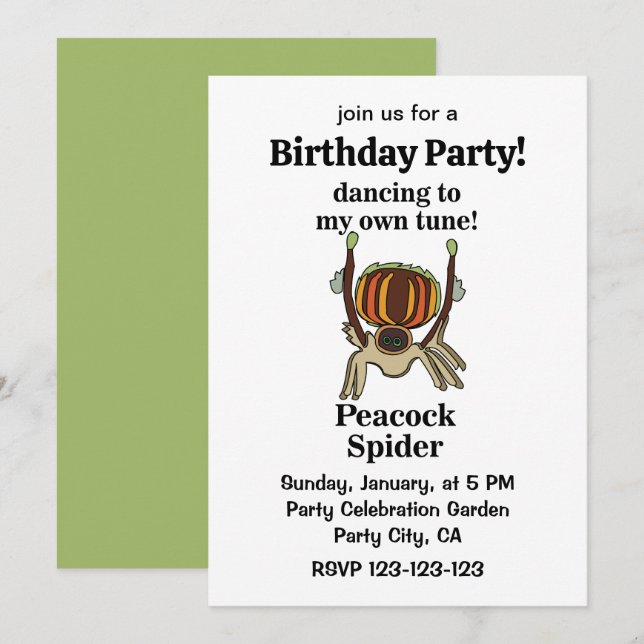 Invitación Fiesta de Cumpleaños Divertida de Araña Pavo Real (Anverso / Reverso)