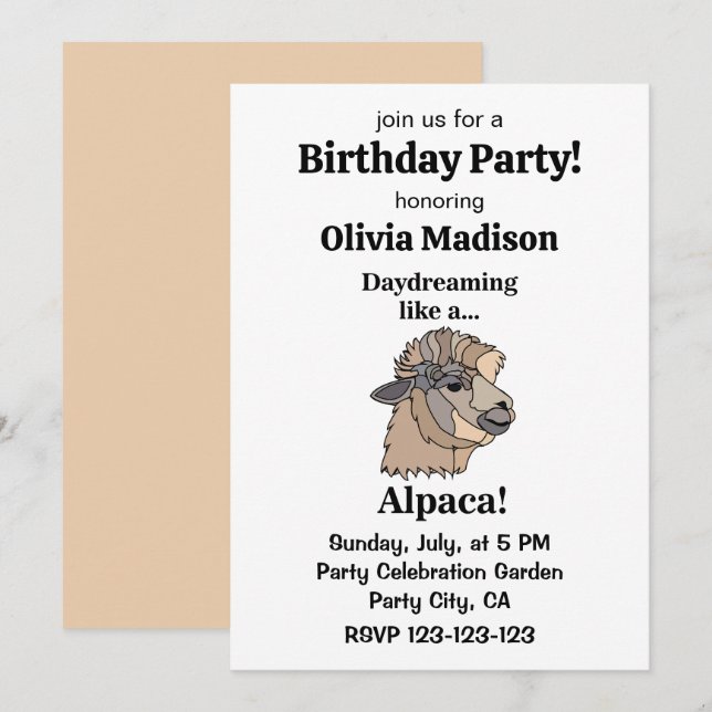 Invitación Fiesta de Cumpleaños Divertida de Llama Alpaca (Anverso / Reverso)