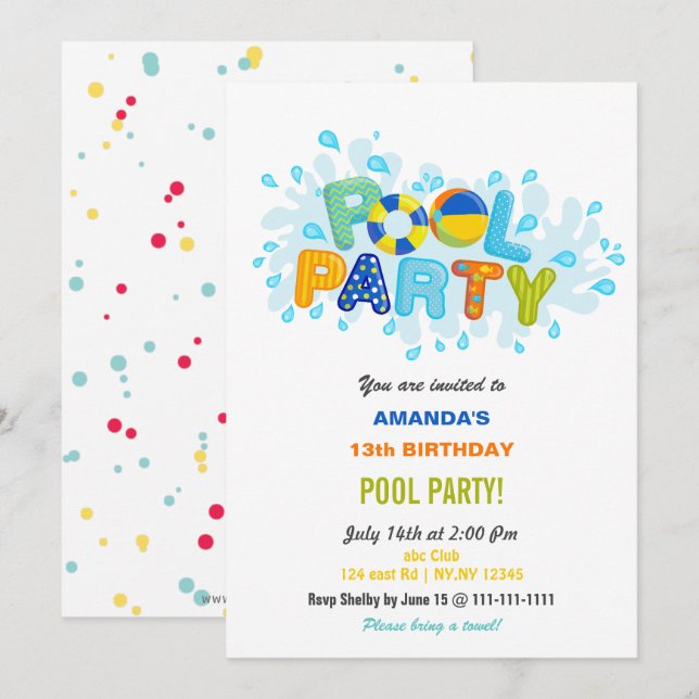 Invitación Fiesta de cumpleaños divertida de verano en la pis (Anverso / Reverso)