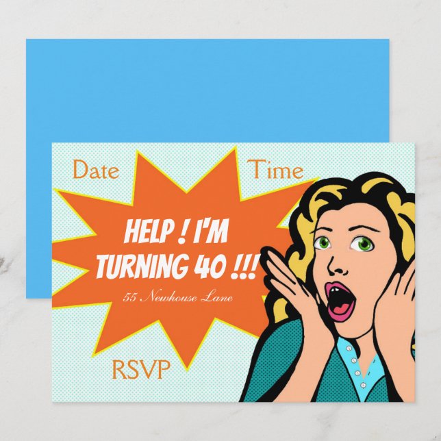 Invitación Fiesta de cumpleaños divertida del arte pop 40.a (Anverso / Reverso)