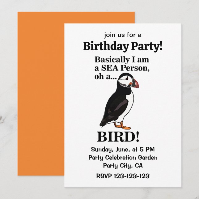Invitación Fiesta de cumpleaños divertida del ave marina frai (Anverso / Reverso)