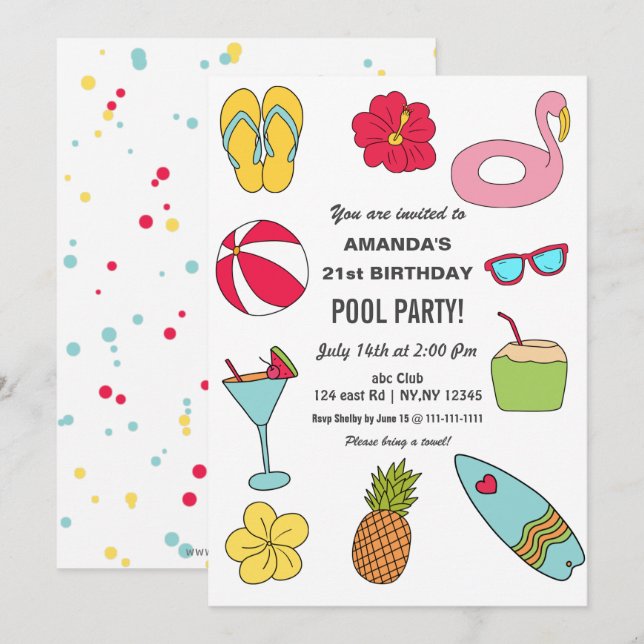 Invitación Fiesta de cumpleaños divertida en la piscina de ve (Anverso / Reverso)
