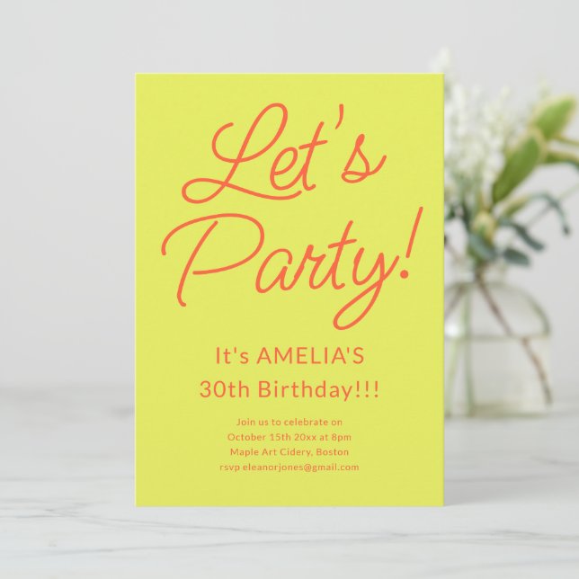 Invitación Fiesta de cumpleaños divertida en naranja chartreu (Anverso de pie)