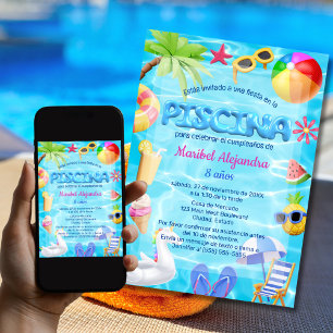 Invitación Fiesta de Cumpleaños Divertida en Piscina para Niñ