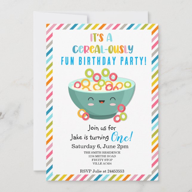 Invitación Fiesta de cumpleaños divertida para los cereales (Anverso)