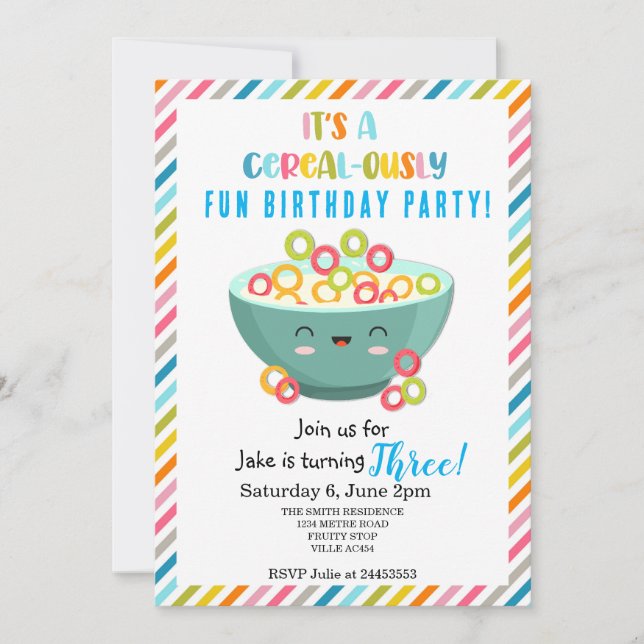 Invitación Fiesta de cumpleaños divertida para los cereales (Anverso)