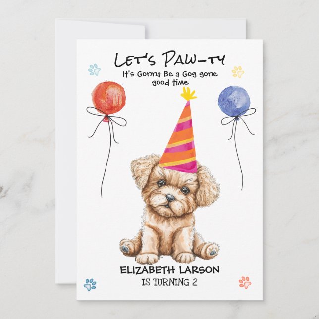 Invitación Fiesta de Cumpleaños Divertida Tema Perro Cachorro (Anverso)
