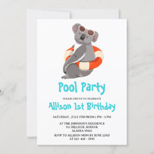 Invitación Fiesta de cumpleaños divertida y linda koala nadan