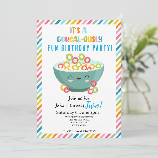 Invitación Fiesta de cumpleaños divertidísima con cereales (Anverso de pie)