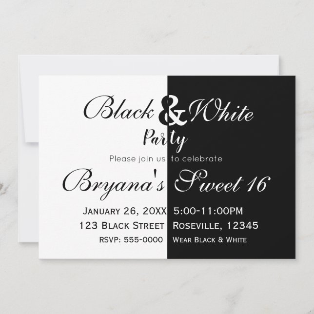 Invitación Fiesta de Cumpleaños Dividida en Blanco y Negro El (Anverso)