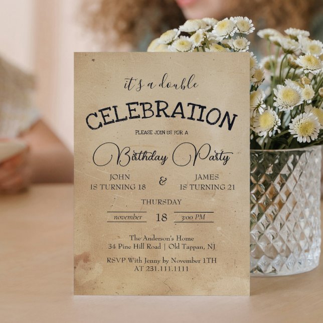 Invitación Fiesta de cumpleaños doble Beige clásica (Subido por el creador)